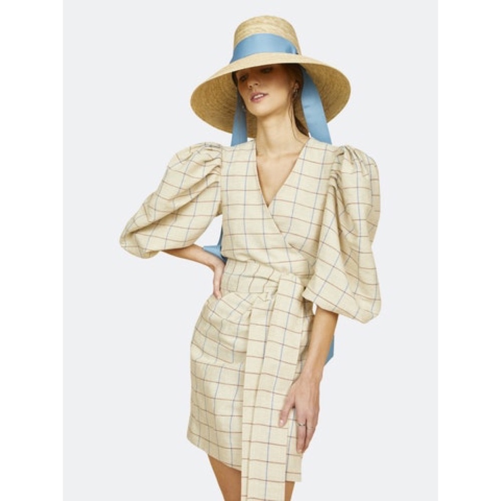 HUNTER BELL Cream Windowpane Wrap Dress